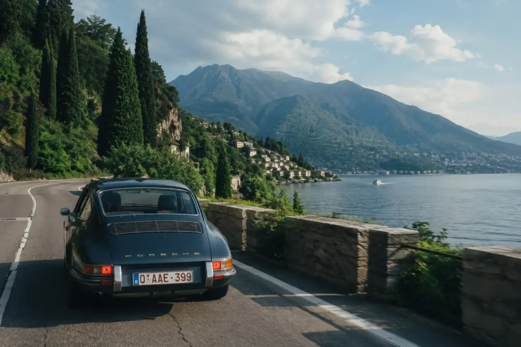 Une Porsche sombre roule sur une route bordant un lac, au pied des montagnes.