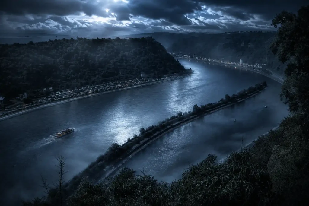 Vue nocturne d’un méandre de fleuve bordé de collines boisées et de villages, sous un ciel nuageux.