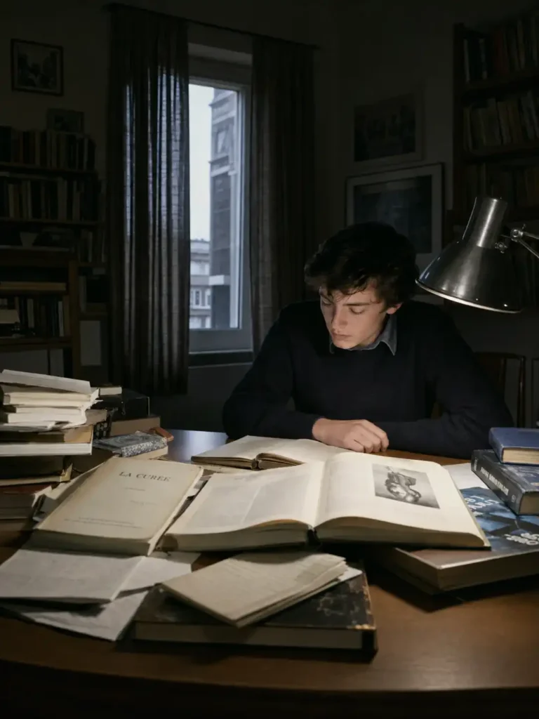 Un jeune homme lit à un bureau encombré de livres ouverts, dans une pièce bordée de bibliothèques.