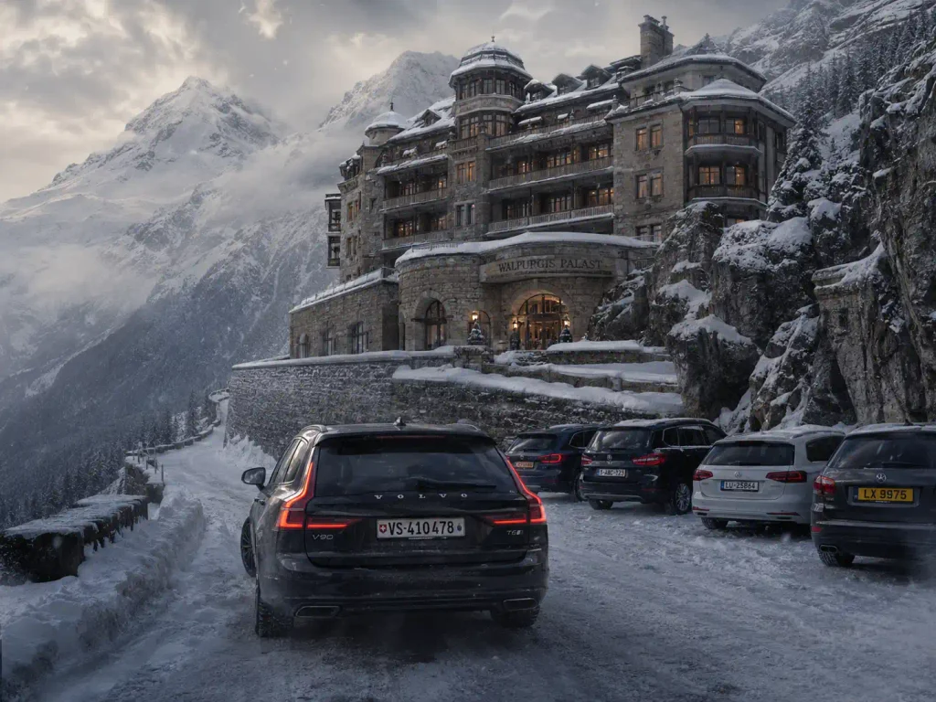Des voitures arrivent devant le Walpurgis Palast, un grand hôtel entouré de montagnes et de neige.
