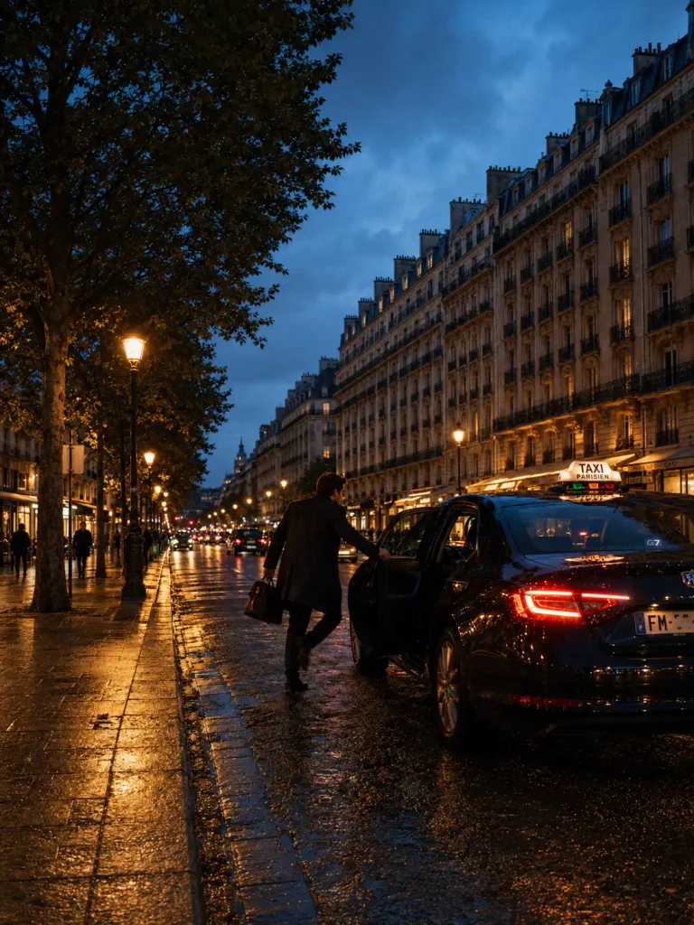 Un homme monte dans un taxi sur un boulevard parisien au crépuscule, les lumières se reflétant sur la chaussée mouillée.