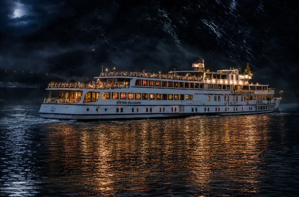 Un bateau de croisière illuminé navigue sur un fleuve de nuit, ses lumières se reflétant dans l’eau.