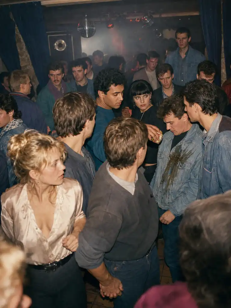Deux jeunes gens se tiennent la main au milieu d’une foule sur une piste de danse éclairée par une boule à facettes.