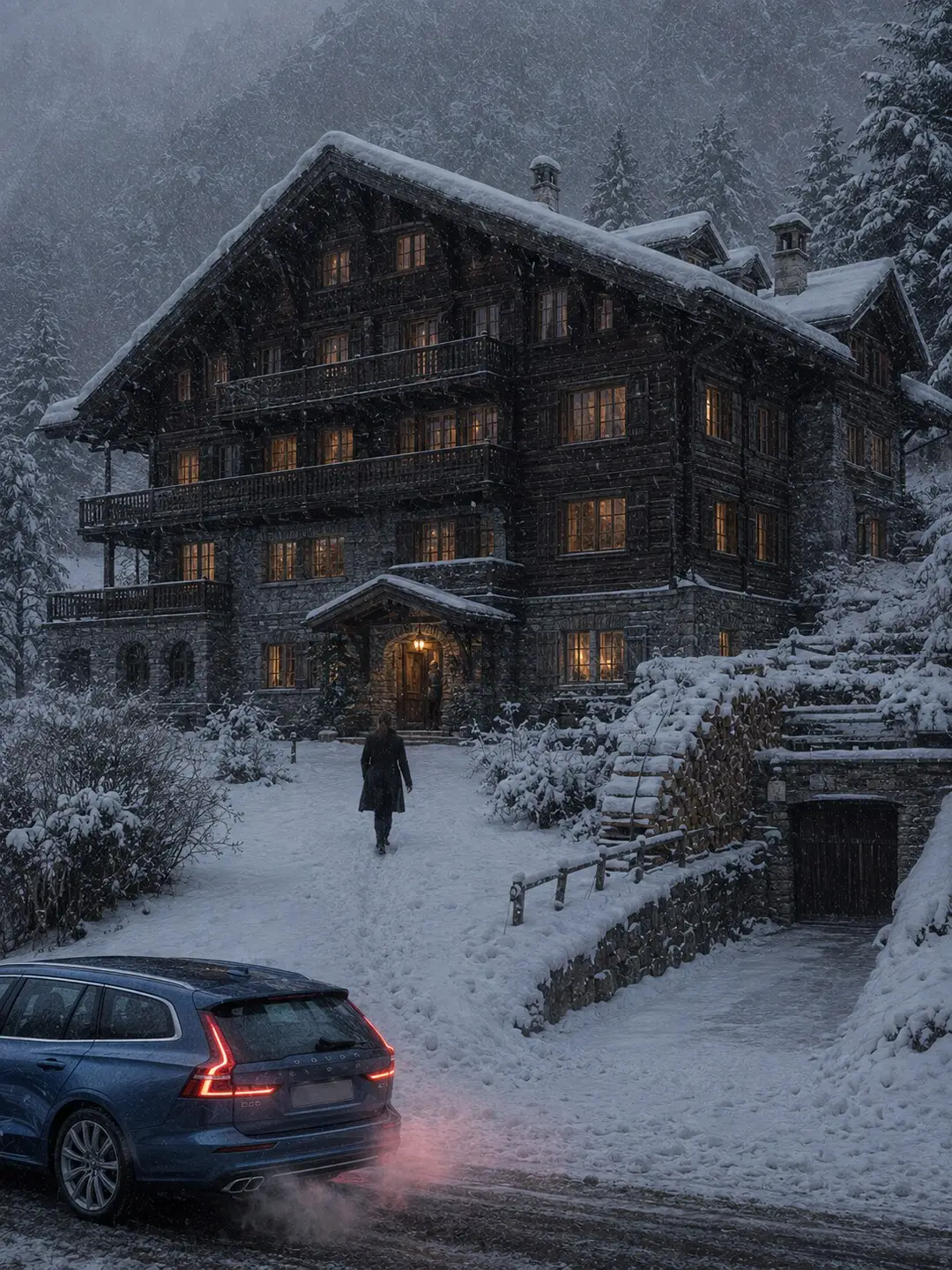Une femme marche vers un grand chalet aux fenêtres éclairées sous la neige, tandis qu’une Volvo bleue attend au bord du chemin.