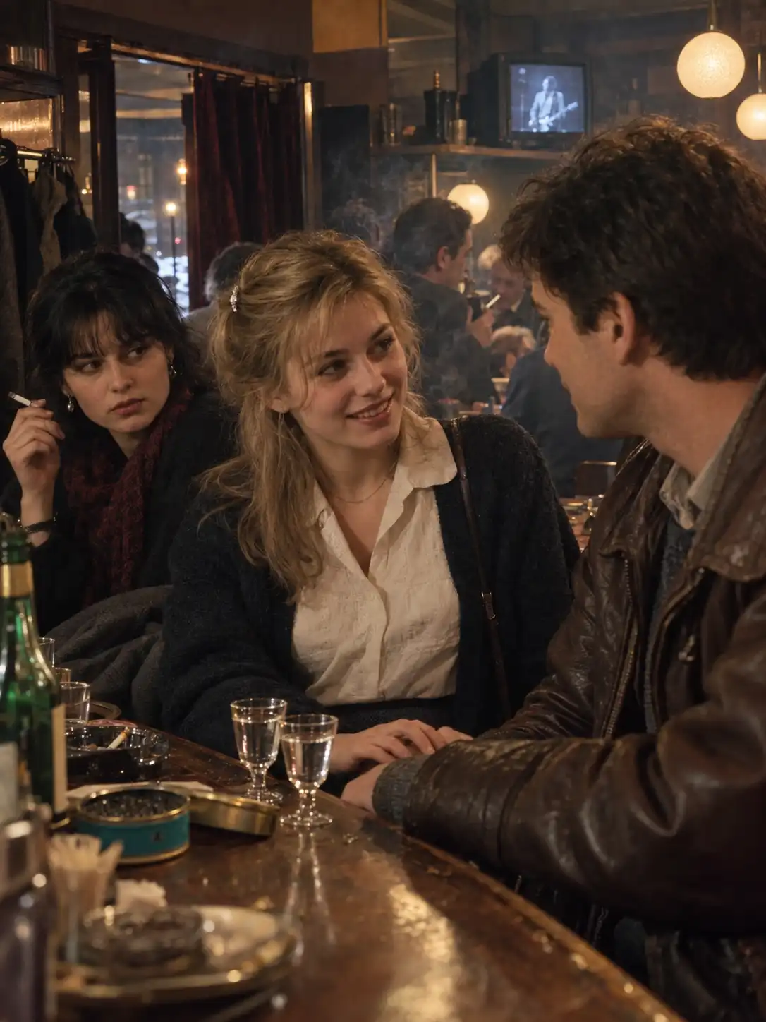 Dans un café animé, une jeune femme sourit à un homme assis près d’elle, tandis qu’une autre femme les observe en fumant.