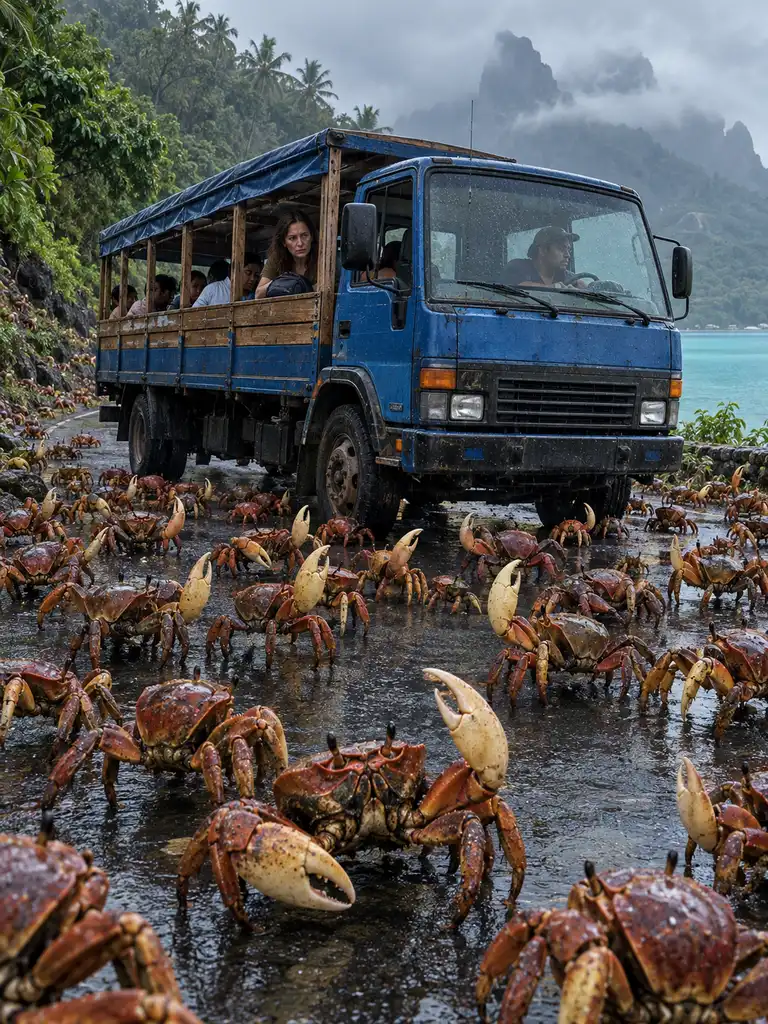Un camion bleu transportant des passagers avance parmi de nombreux crabes, entre une forêt tropicale et la mer, sous des montagnes brumeuses.