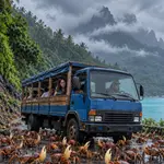 Un camion bleu transportant des passagers avance parmi de nombreux crabes, entre une forêt tropicale et la mer, sous des montagnes brumeuses.