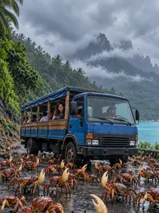 Un camion bleu transportant des passagers avance parmi de nombreux crabes, entre une forêt tropicale et la mer, sous des montagnes brumeuses.