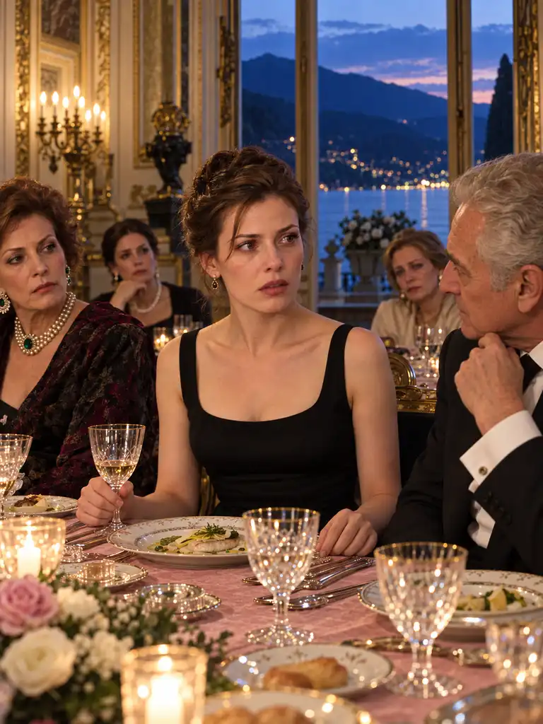 Une jeune femme échange un regard avec un homme lors d’un dîner dans un salon doré donnant sur un lac au crépuscule.