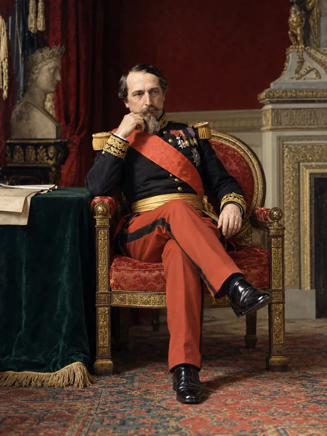 Napoléon III, en uniforme, assis dans un fauteuil rouge et doré, la main portée au menton.