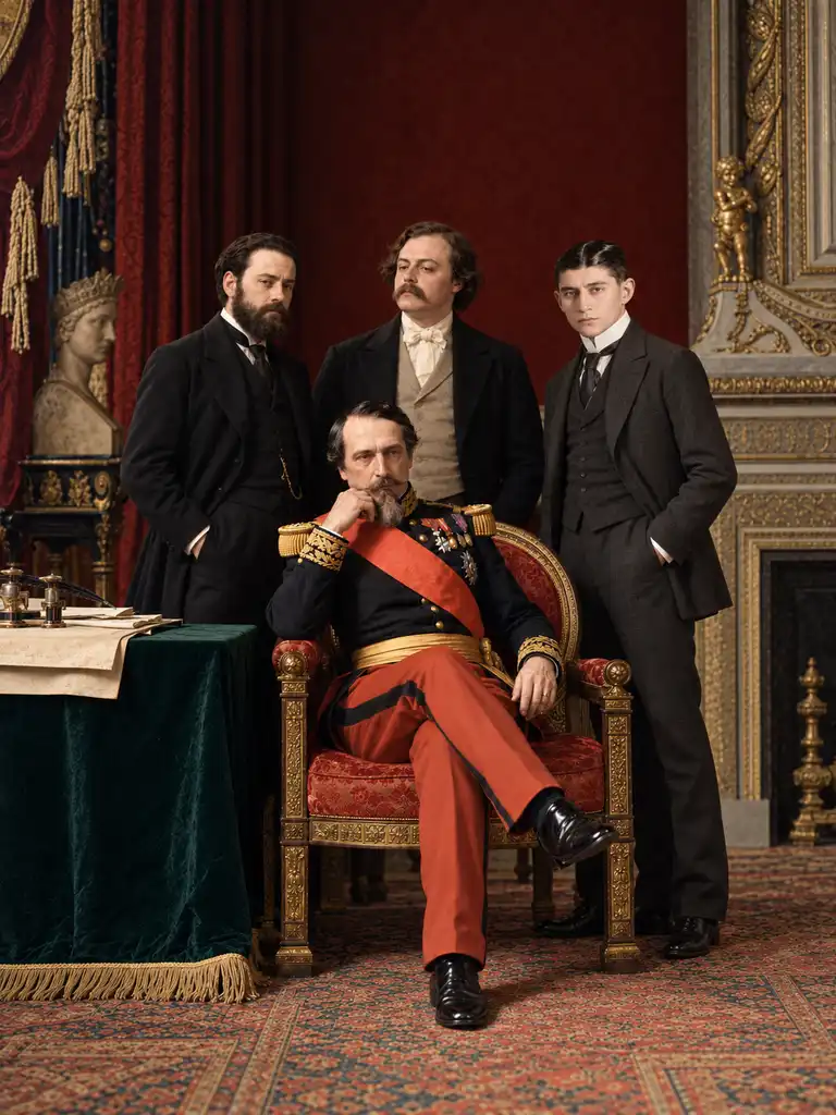 Napoléon III assis dans un fauteuil rouge et doré, avec trois hommes en costume debout derrière lui.